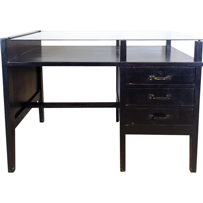 Vintage black desk with glass top, 1970s