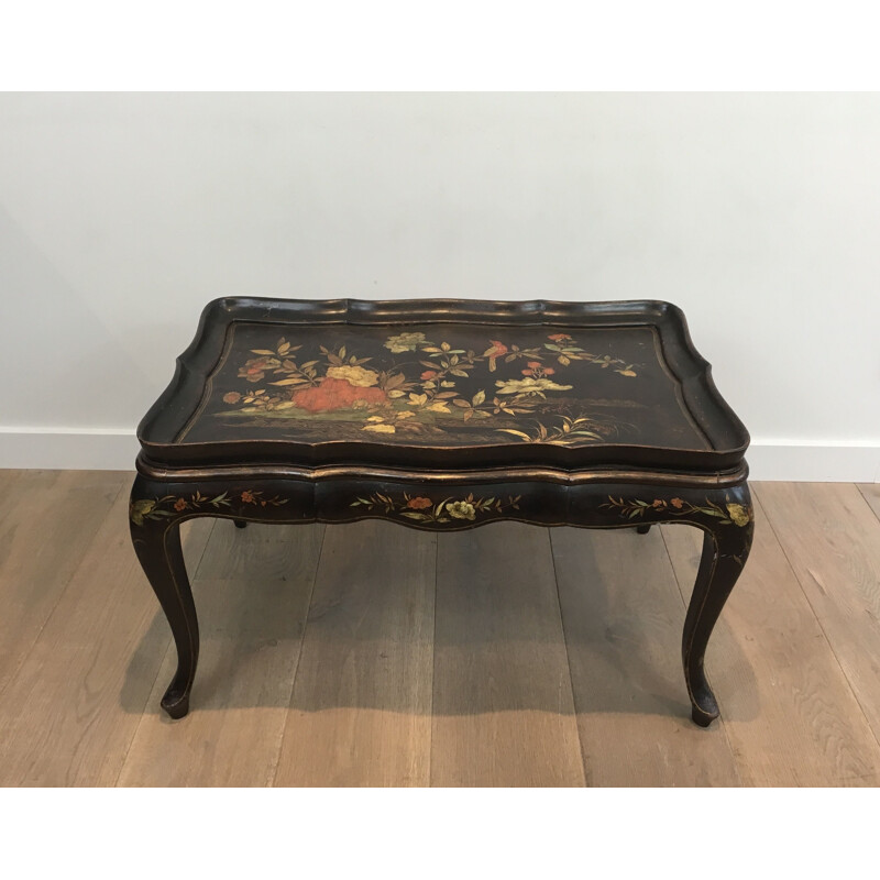 Vintage Lacquered Coffee Table with Neoclassical Floral Decoration 1940