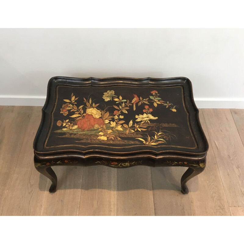 Vintage Lacquered Coffee Table with Neoclassical Floral Decoration 1940