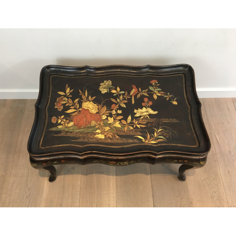 Vintage Lacquered Coffee Table with Neoclassical Floral Decoration 1940