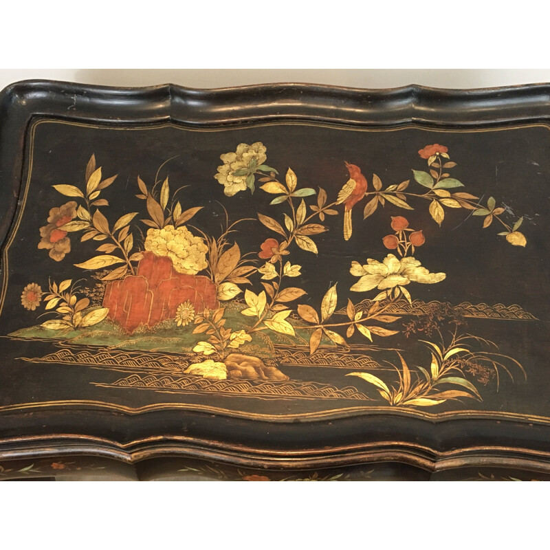 Vintage Lacquered Coffee Table with Neoclassical Floral Decoration 1940