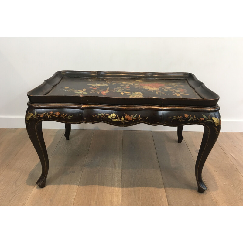 Vintage Lacquered Coffee Table with Neoclassical Floral Decoration 1940