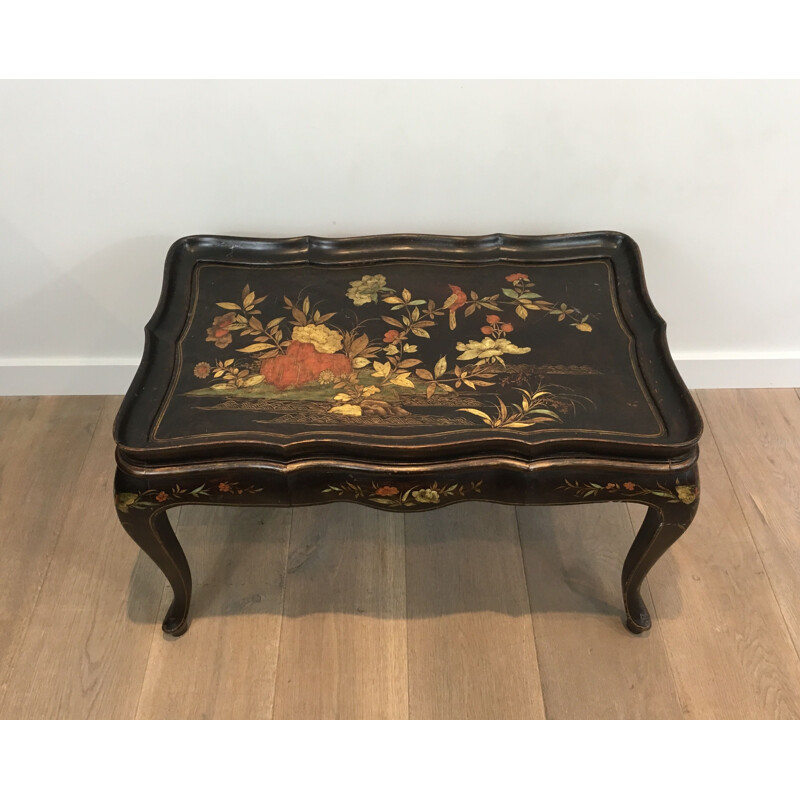 Vintage Lacquered Coffee Table with Neoclassical Floral Decoration 1940