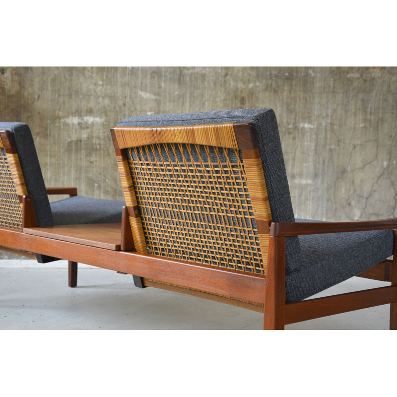 Teak, cane and grey fabric 2-seater Juul Kristensen sofa, Hans OLSEN - 1960s