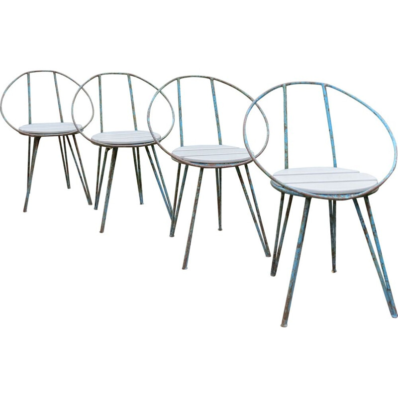 Set of 4 vintage  Blue Metal Garden Chairs 1950s