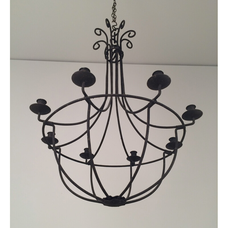 Vintage wrought iron cage chandelier, 1970