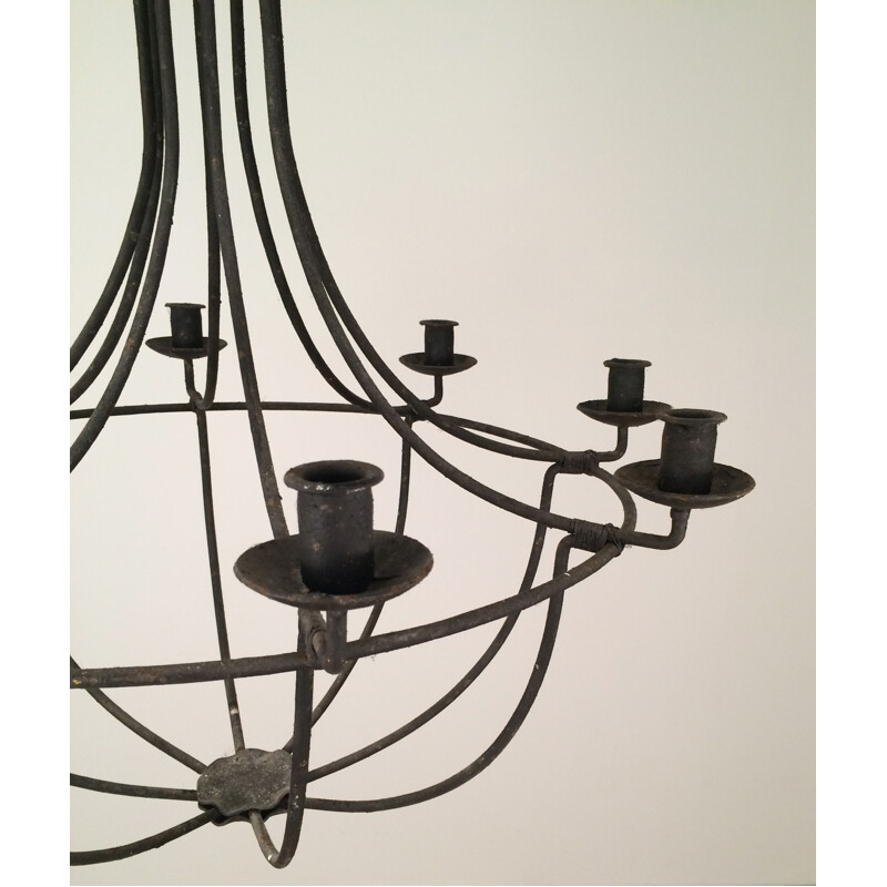 Vintage wrought iron cage chandelier, 1970