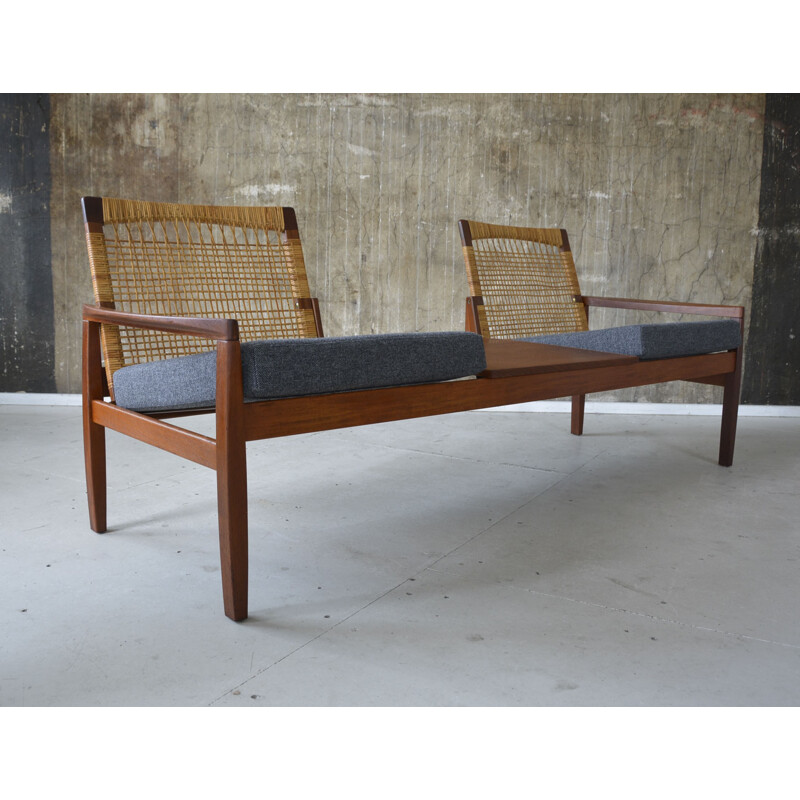 Teak, cane and grey fabric 2-seater Juul Kristensen sofa, Hans OLSEN - 1960s