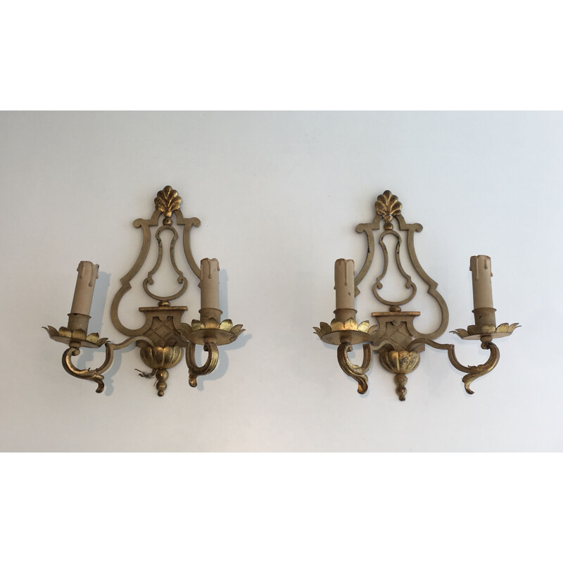 Pair of vintage wrought iron wall lamps, 1940