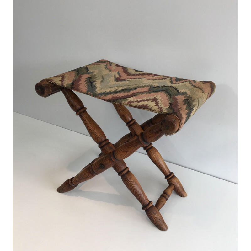 Vintage Folding Wooden and Tapestry Stool 1930