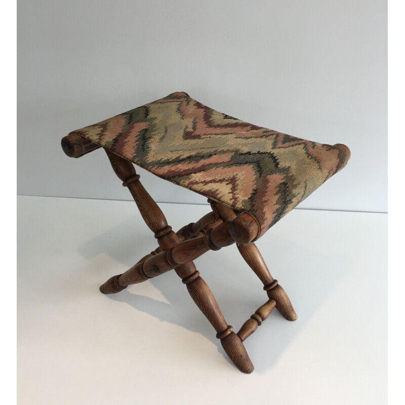 Vintage Folding Wooden and Tapestry Stool 1930