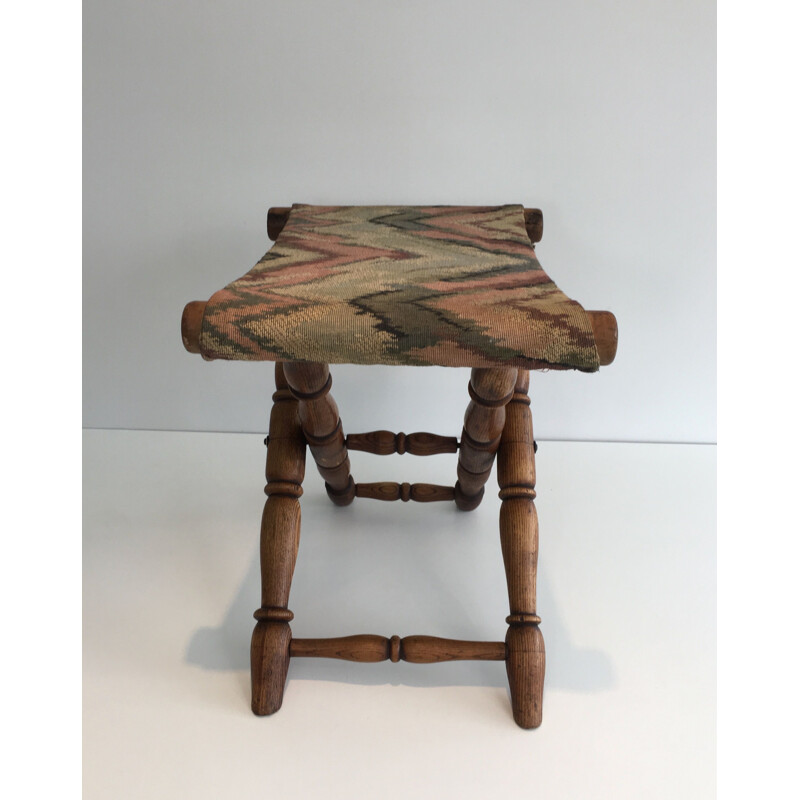 Vintage Folding Wooden and Tapestry Stool 1930