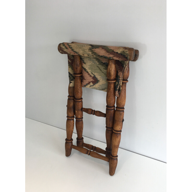 Vintage Folding Wooden and Tapestry Stool 1930