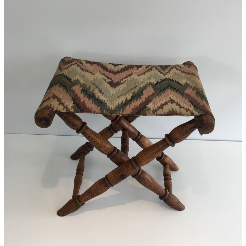 Vintage Folding Wooden and Tapestry Stool 1930