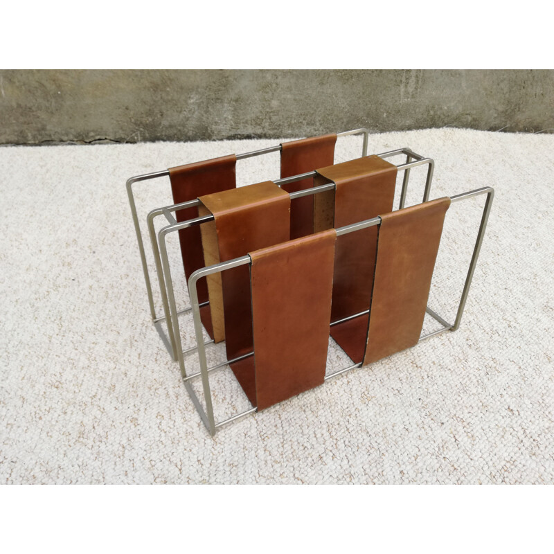 Vintage metal and minimalist camel leather magazine rack