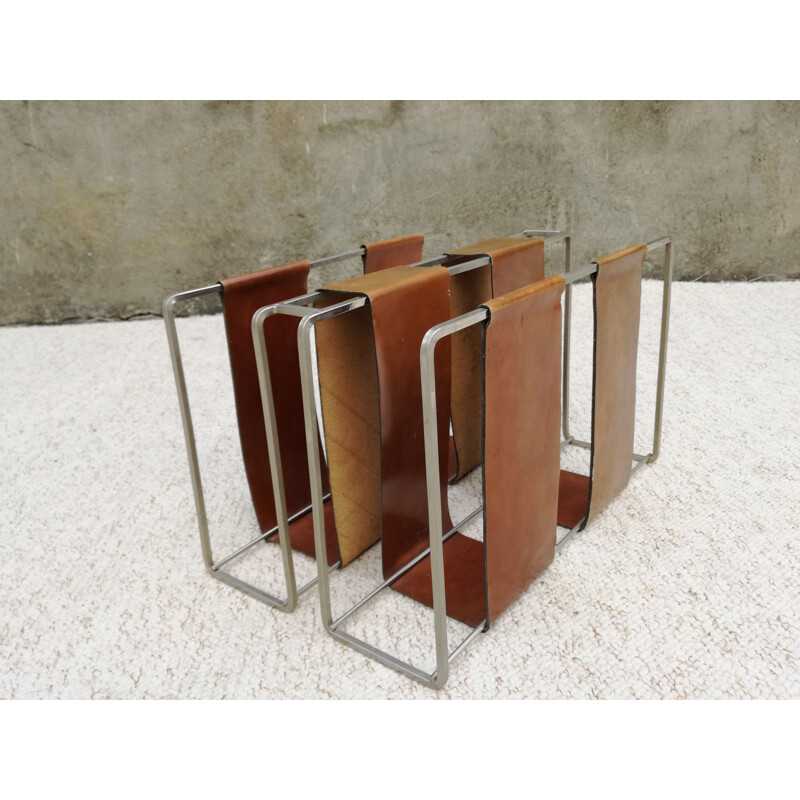 Vintage metal and minimalist camel leather magazine rack