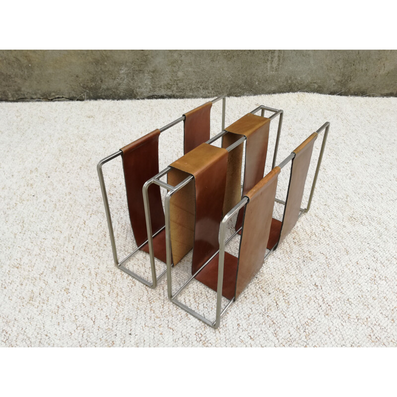 Vintage metal and minimalist camel leather magazine rack