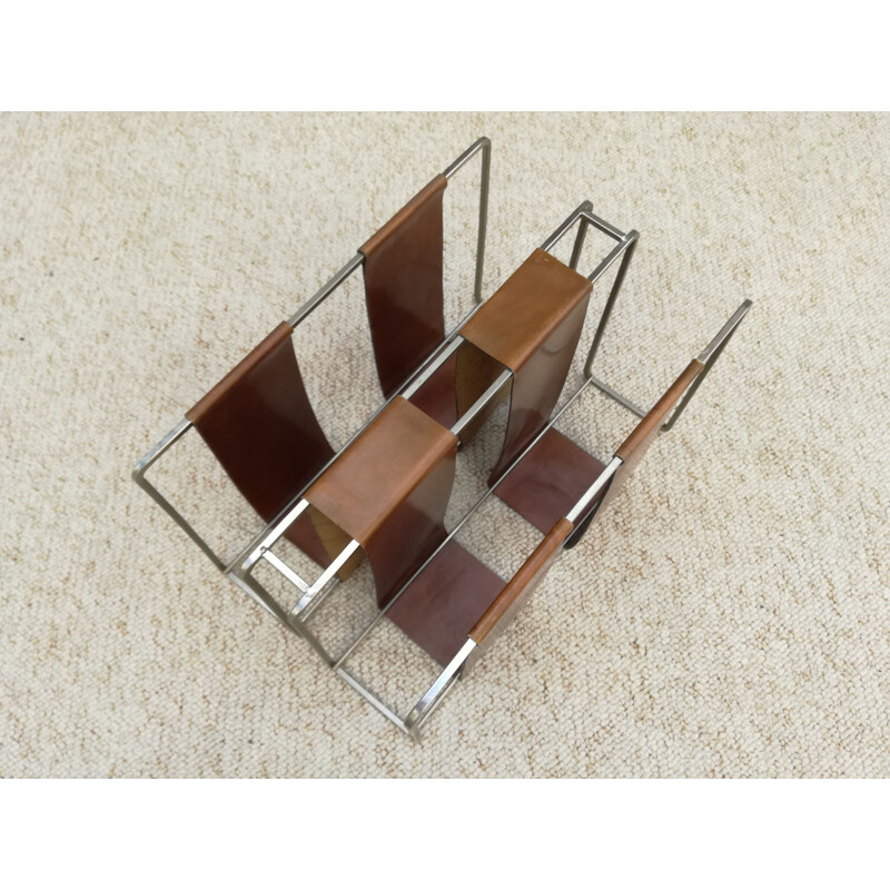 Vintage metal and minimalist camel leather magazine rack