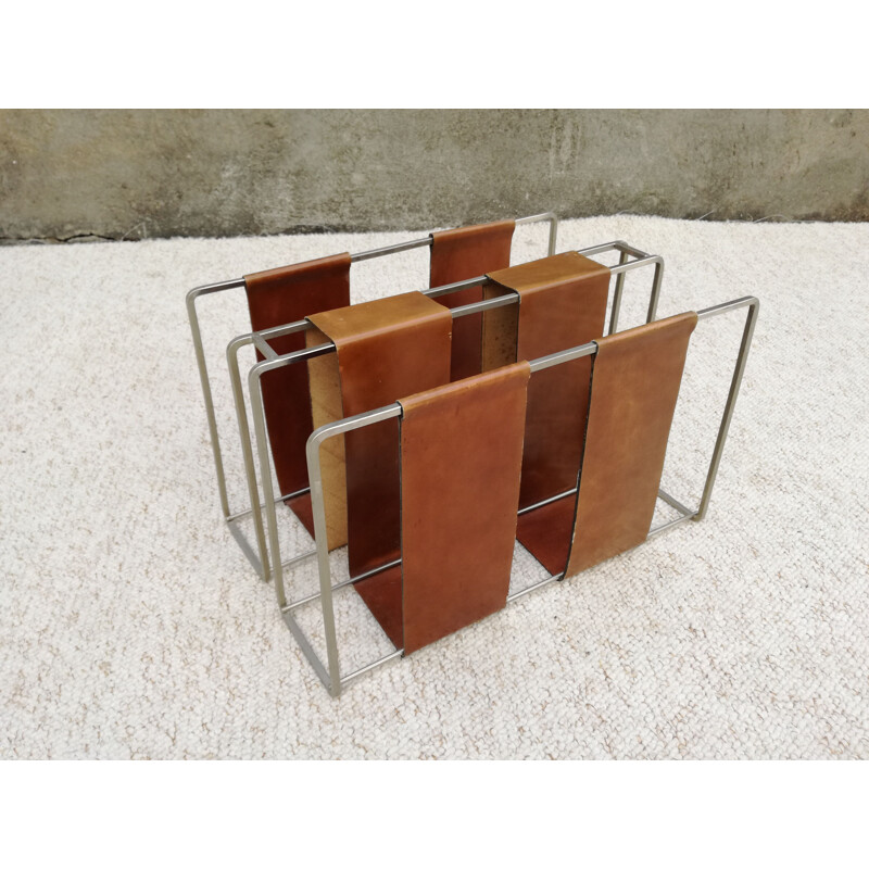 Vintage metal and minimalist camel leather magazine rack