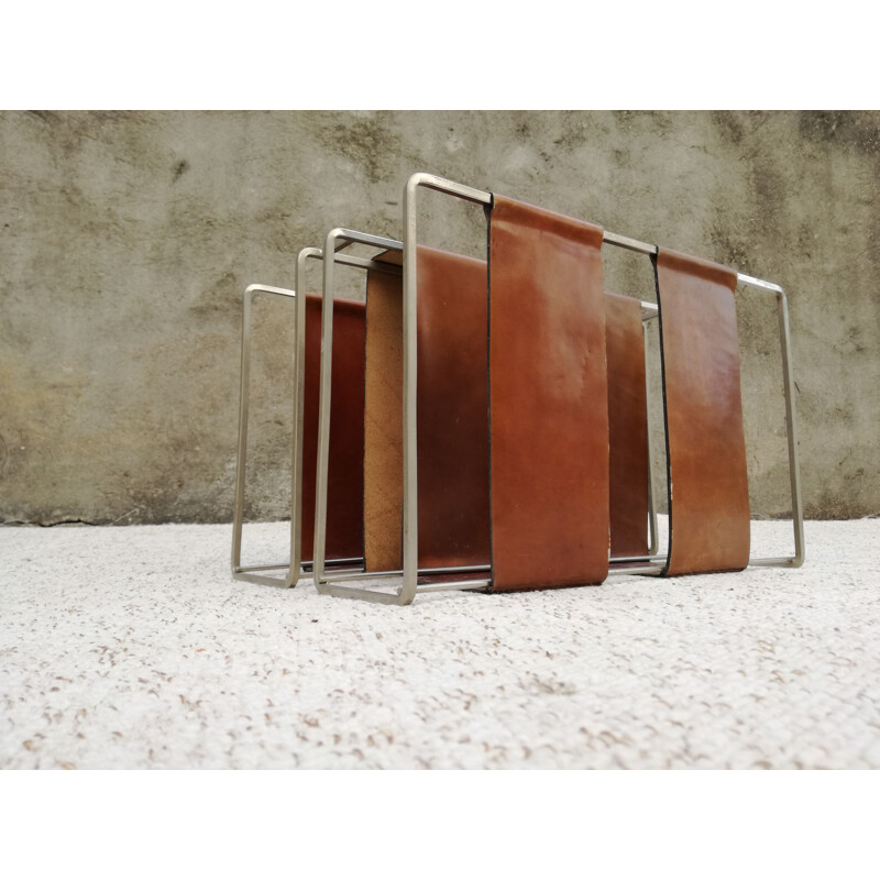 Vintage metal and minimalist camel leather magazine rack