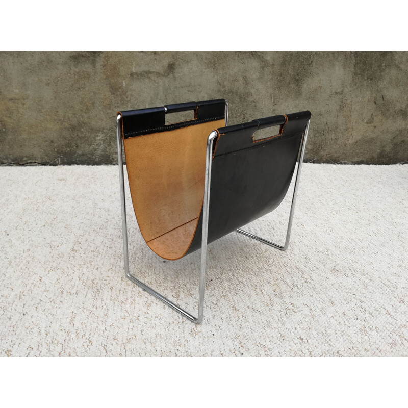 Vintage leather and chrome magazine rack by Brabantia, 1960