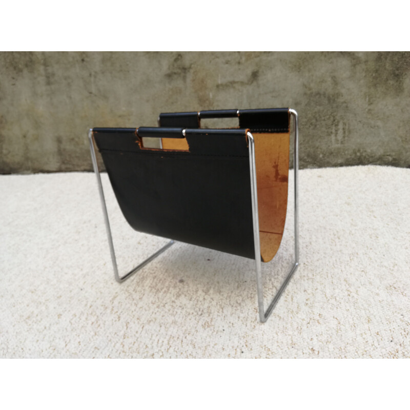 Porte-revues vintage en cuir et chrome par Brabantia, 1960