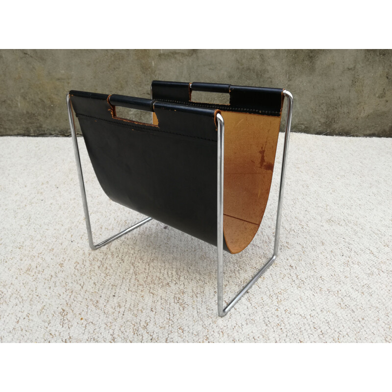 Vintage leather and chrome magazine rack by Brabantia, 1960