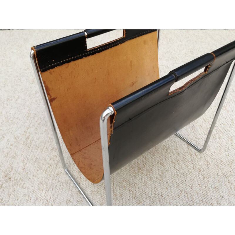 Vintage leather and chrome magazine rack by Brabantia, 1960