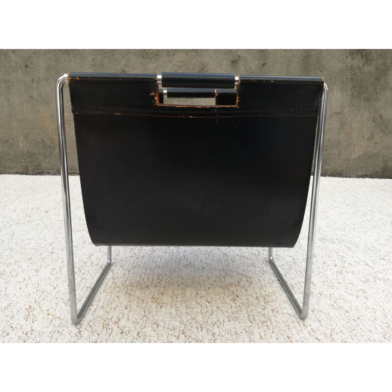 Vintage leather and chrome magazine rack by Brabantia, 1960