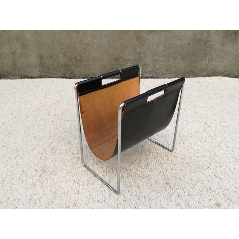 Vintage leather and chrome magazine rack by Brabantia, 1960