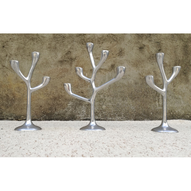 Set of 3 vintage cast aluminum candlesticks, 1970