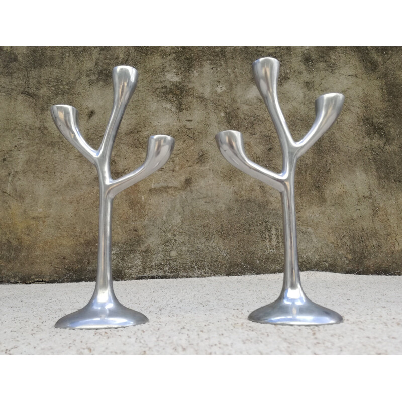 Set of 3 vintage cast aluminum candlesticks, 1970