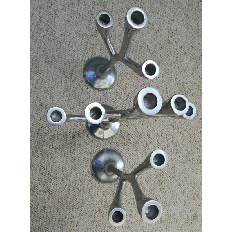 Conjunto de 3 castiçais de alumínio fundido vintage, 1970