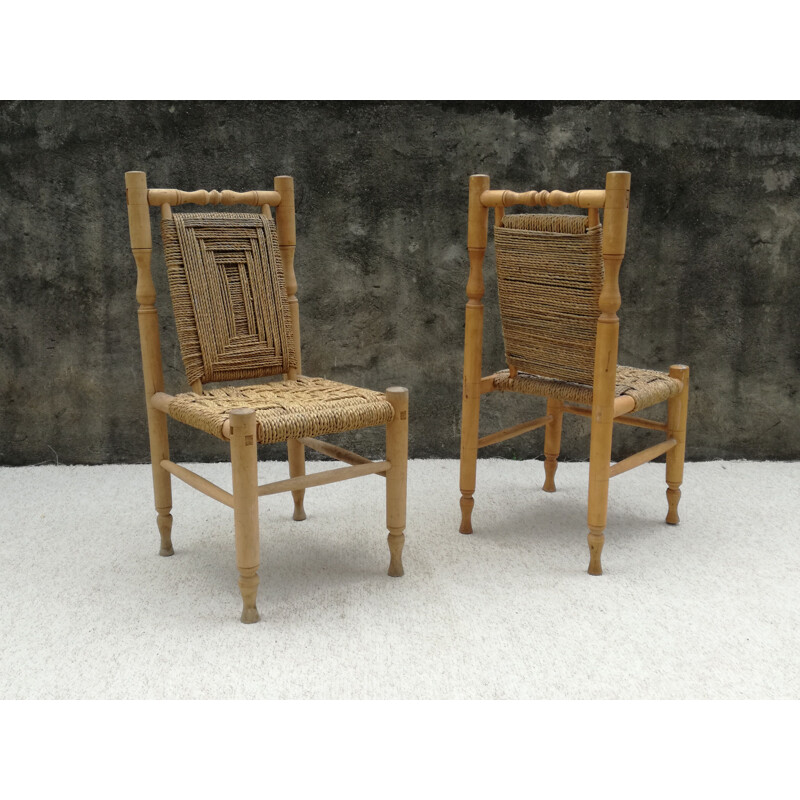 Paire de chaises vintage en bois et corde tréssée