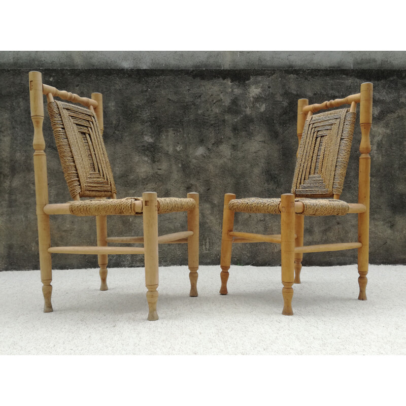 Pair of vintage chairs in wood and braided rope