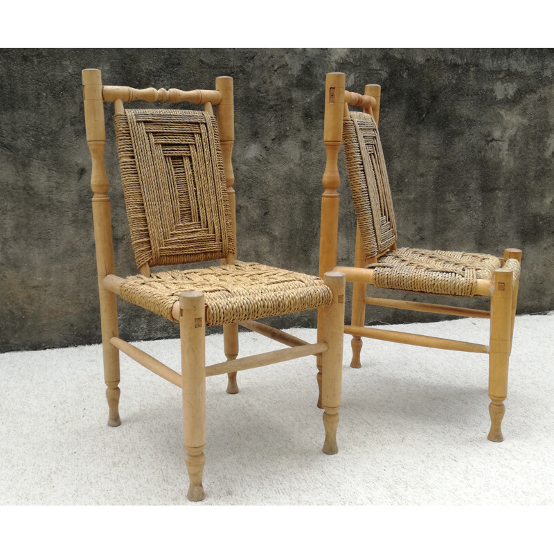 Paire de chaises vintage en bois et corde tréssée