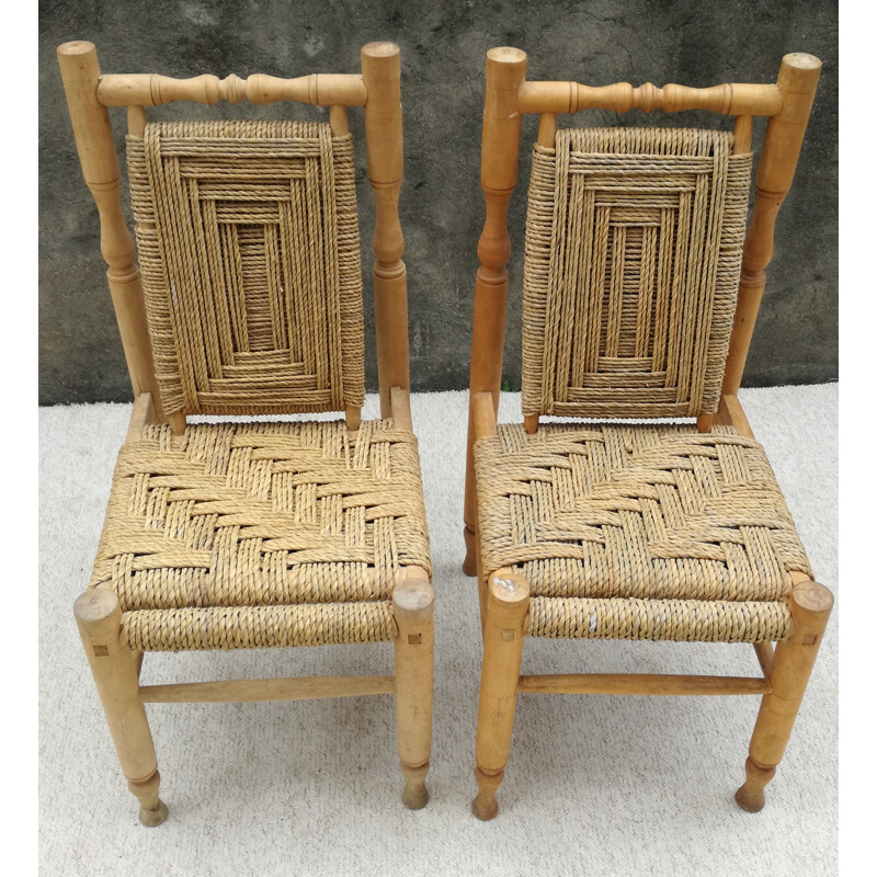 Paire de chaises vintage en bois et corde tréssée