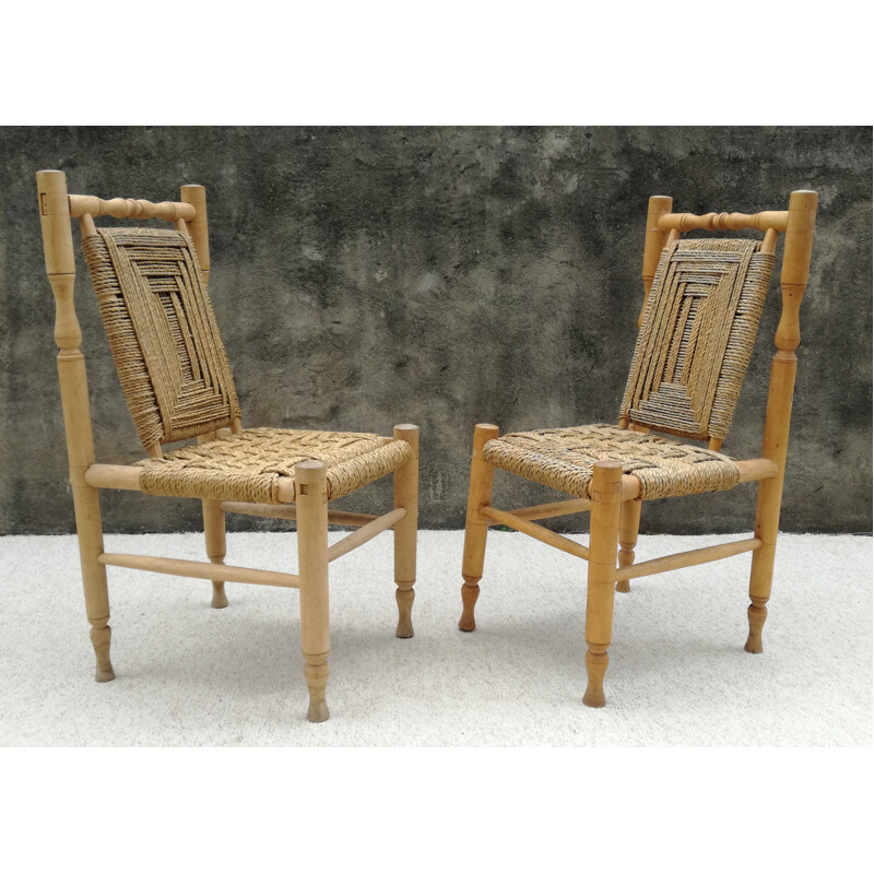 Pair of vintage chairs in wood and braided rope