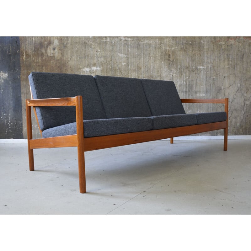 Magnus Olesen mid-century 3 seater sofa in teak and fabric, Kai KRISTIANSEN - 1960s