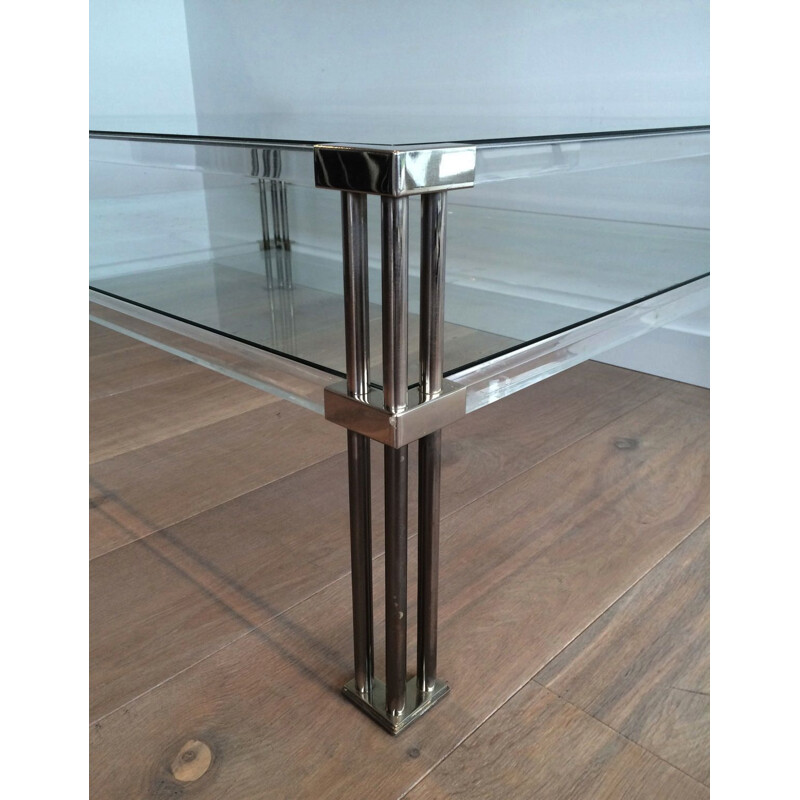 Table basse vintage en chrome et plexiglass, 1970