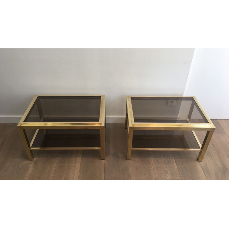 Pair of vintage brass and glass sofa ends, 1970