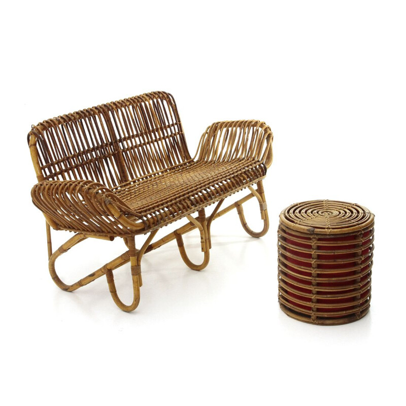 Vintage Rattan storage stool, Italian 1950s