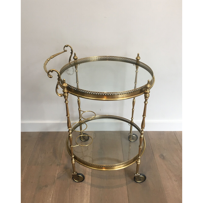 Vintage brass and glass table on wheels, 1940