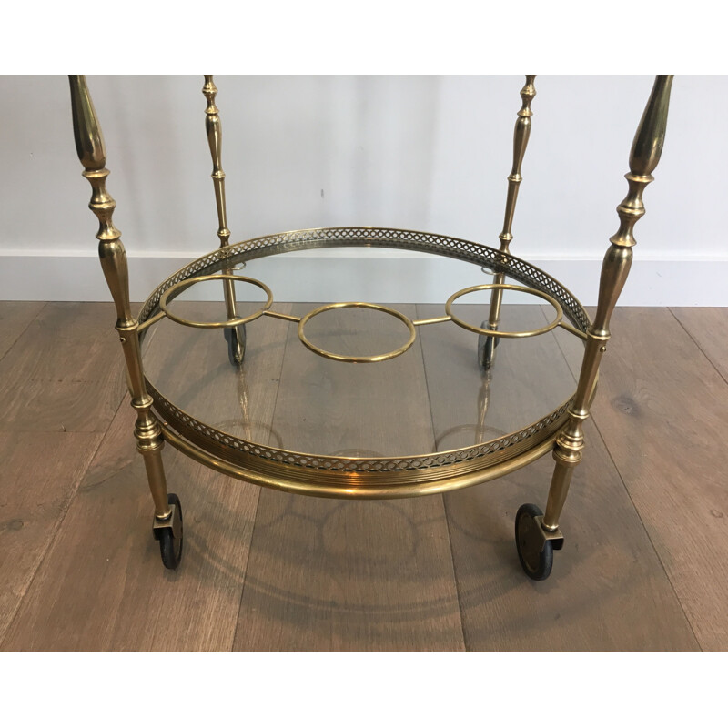 Vintage brass and glass table on wheels, 1940