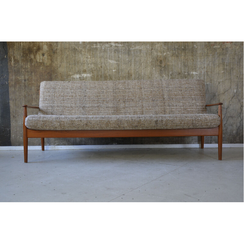 France & Son mid-century 3 seater sofa in teak and wool, Grete JALK - 1960s