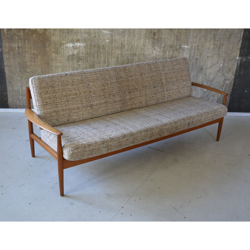 France & Son mid-century 3 seater sofa in teak and wool, Grete JALK - 1960s