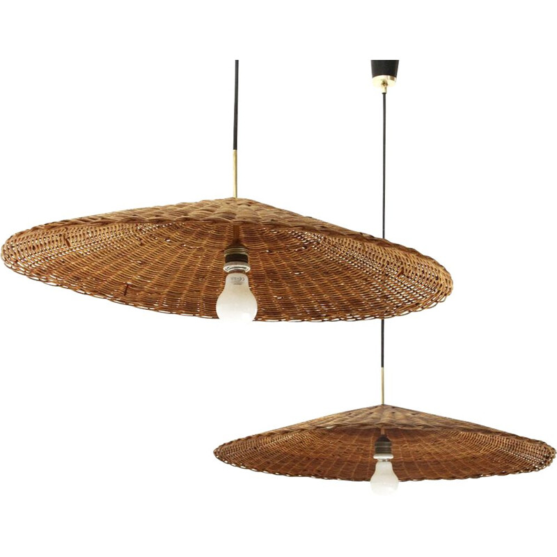 Pair of vintage pendant lamps with rattan shades, 1950s