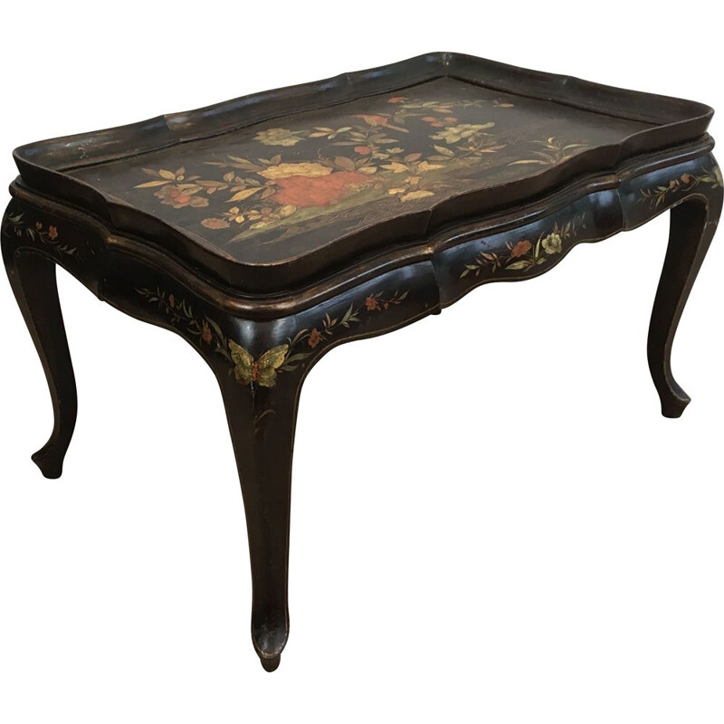 Vintage Lacquered Coffee Table with Neoclassical Floral Decoration 1940