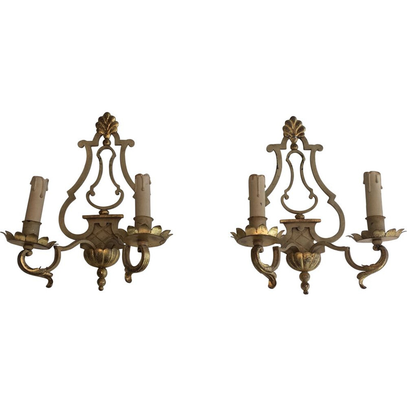 Pair of vintage wrought iron wall lamps, 1940