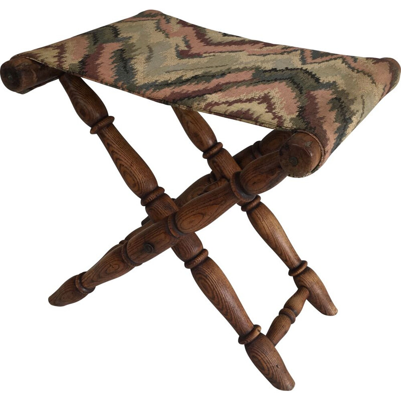 Vintage Folding Wooden and Tapestry Stool 1930